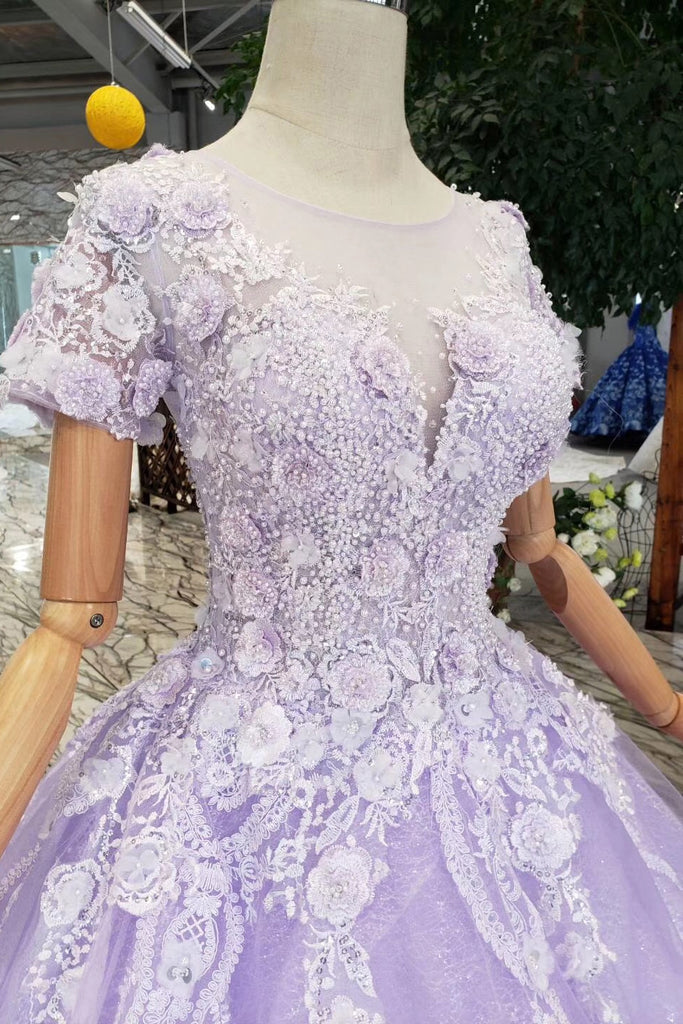 Lilac Ball Gown Quinceanera Short Sleeves Beaded Prom Dress With Appliques