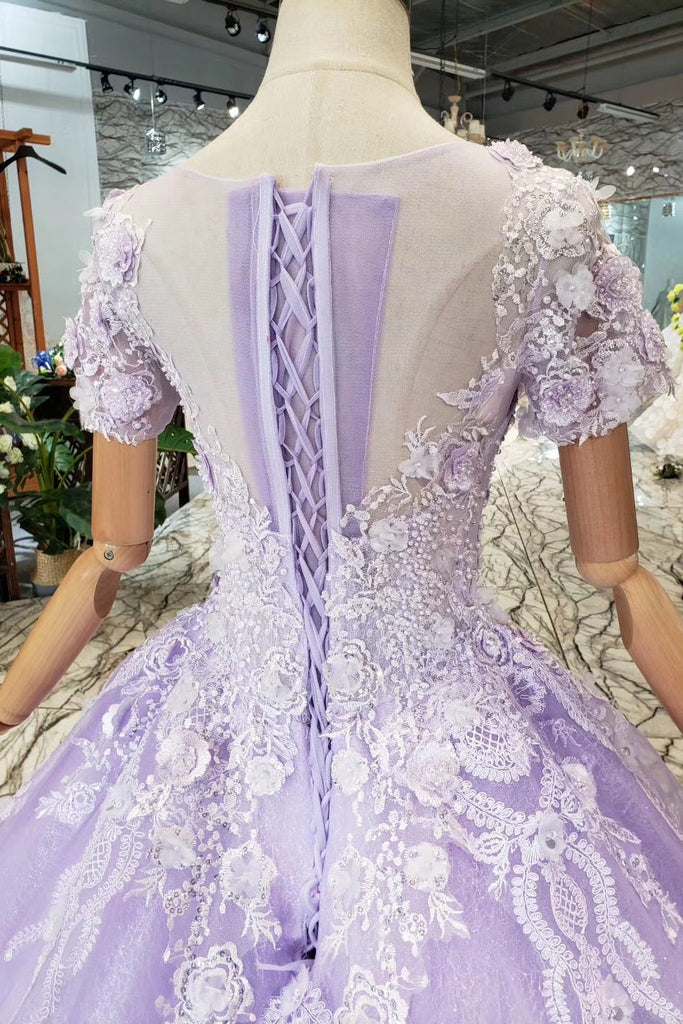 Lilac Ball Gown Quinceanera Short Sleeves Beaded Prom Dress With Appliques