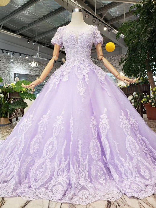 Lilac Ball Gown Quinceanera Short Sleeves Beaded Prom Dress With Appliques