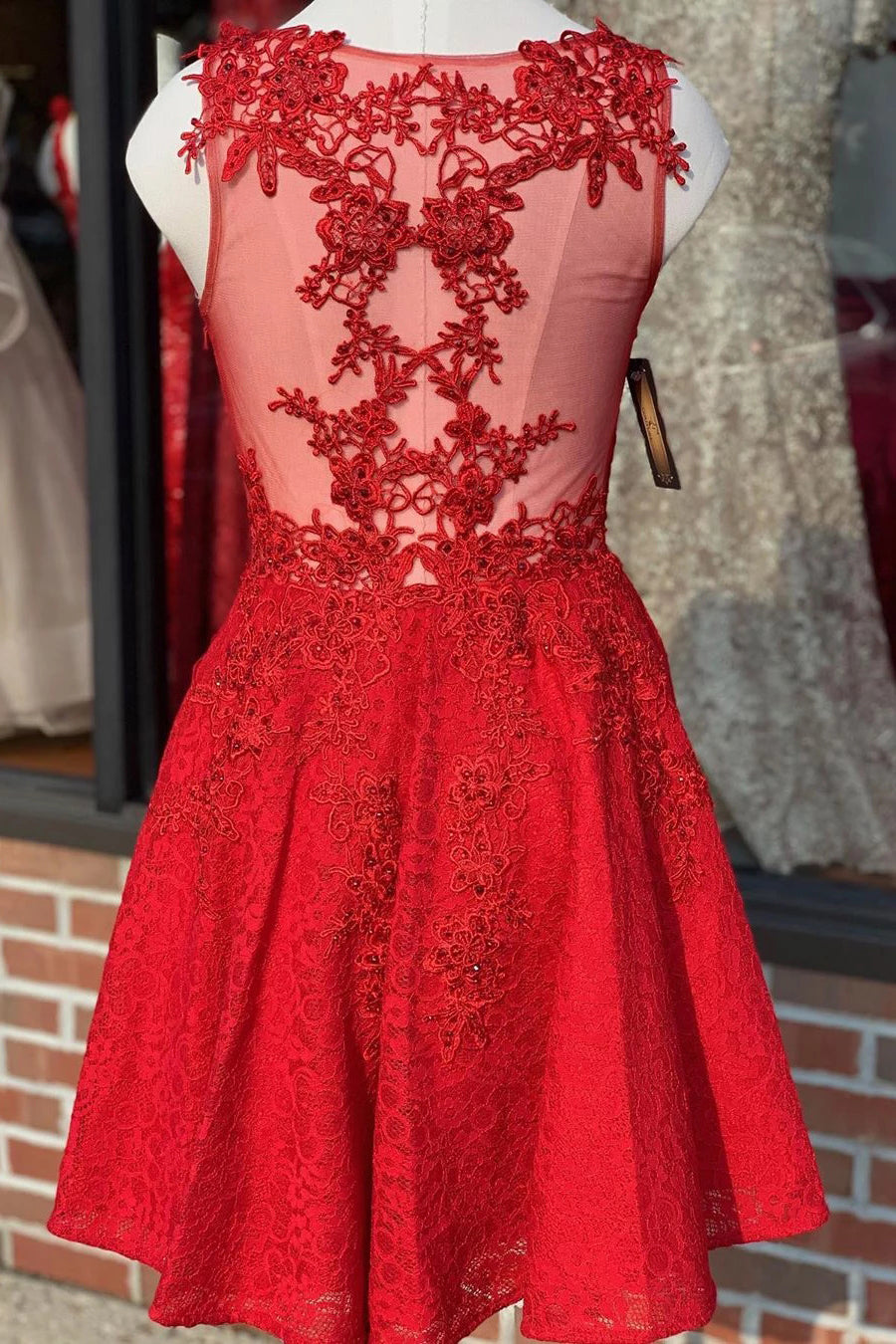 A-line V-Neck Lace Red Homecoming Dress, Short Lace Party Dress OM467