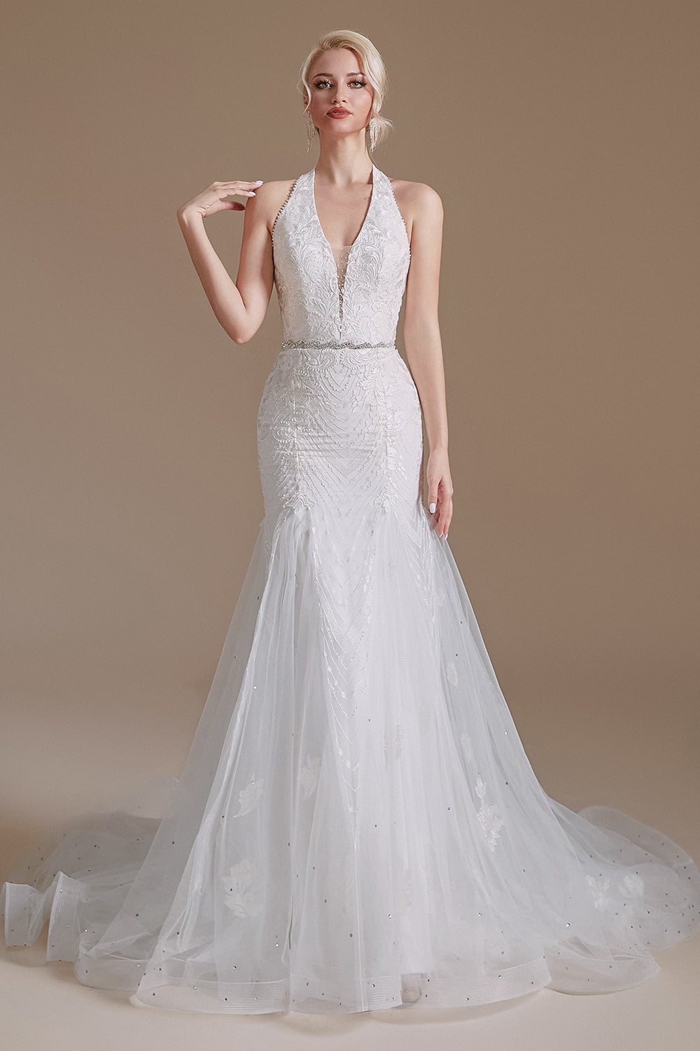 Gorgeous Long Mermaid Lace V-Neck Tulle Wedding Dress