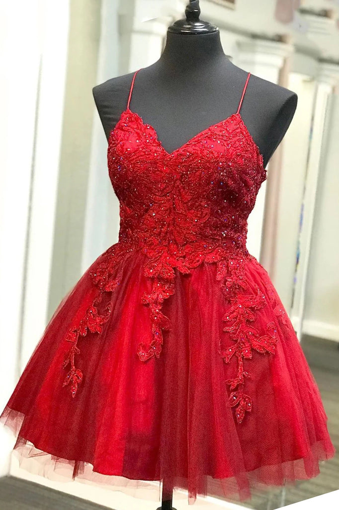 Strappy Short Homecoming Dresses Lace Applique Red Short Prom Dress OM492