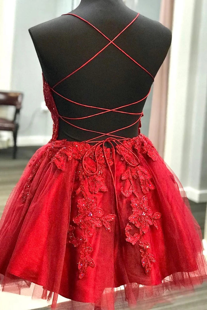 Strappy Short Homecoming Dresses Lace Applique Red Short Prom Dress OM492