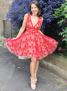 V-neck Lace Red Homecoming Dress Short Prom Dress OM521