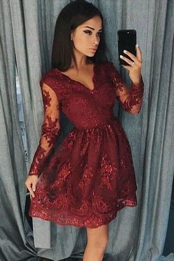 Burgundy Homecoming Dresses Long Sleeve Lace Short Prom Dress OM514