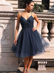 Sparkly Navy Blue Knee Length Homecoming Dresses OM512