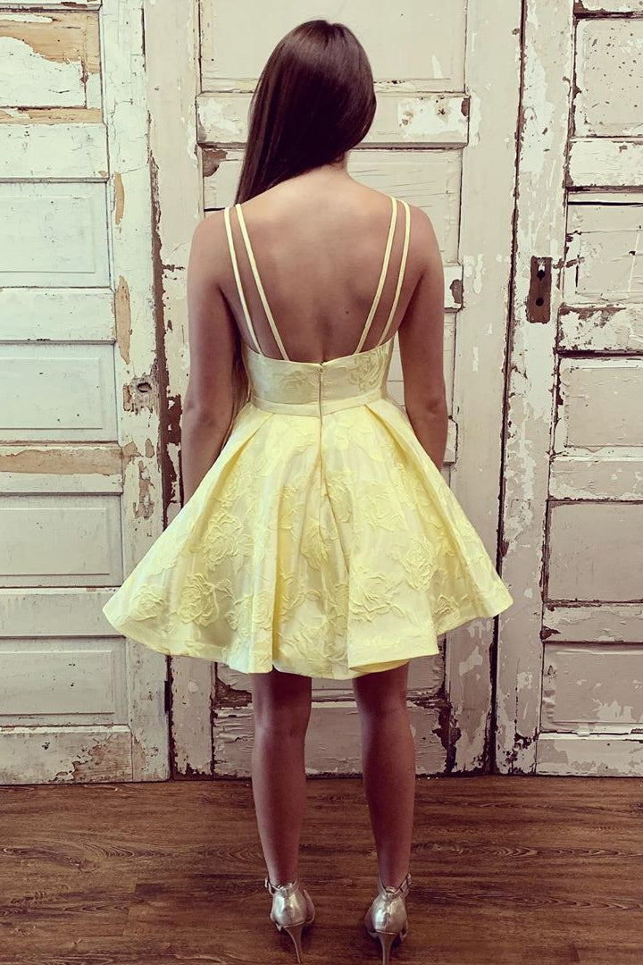 Double Straps V-neck Yellow Short Prom Dress Homecoming Dress OM518