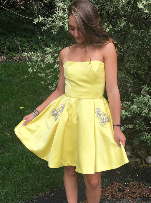 Daffodil Strapless Short Homecoming Dress With Beading Pockets OM523