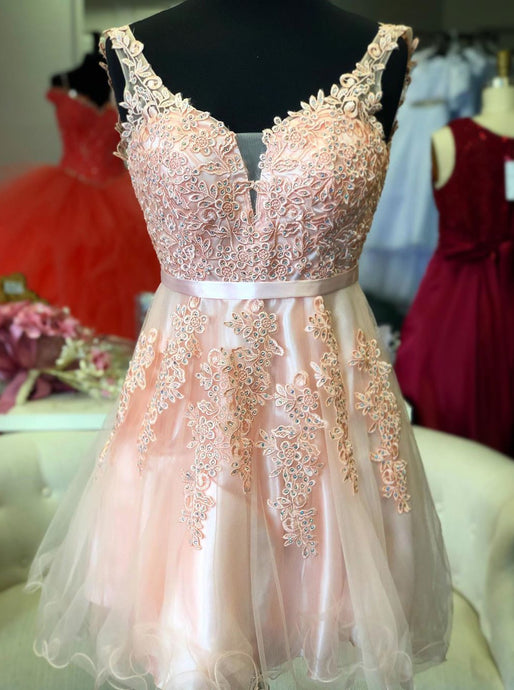 Cute A-line Short Pink Homecoming Dress With Lace Appliques OM495