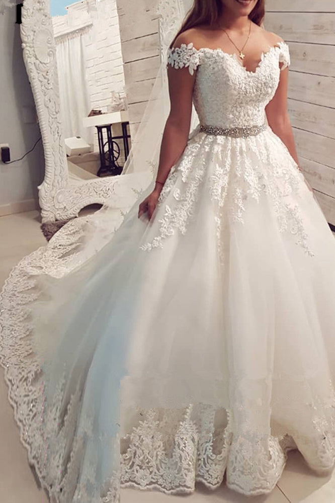 Off The Shoulder V-neck Beading Wedding Dresses With Appliques