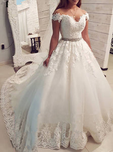 Off The Shoulder V-neck Beading Wedding Dresses With Appliques