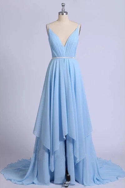Sexy Backless Long Prom Dress, Sky Blue Chiffon Formal Dresses OP893