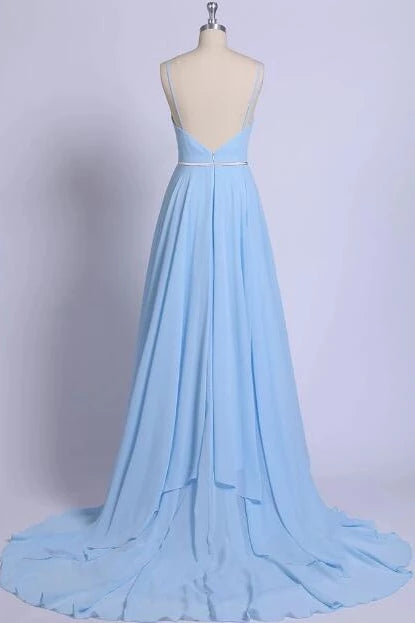 Sexy Backless Long Prom Dress, Sky Blue Chiffon Formal Dresses OP893