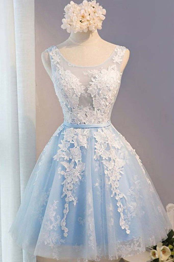 Round Neck Blue Short Prom Dress, Short Graduation Homecoming Dresses OM443