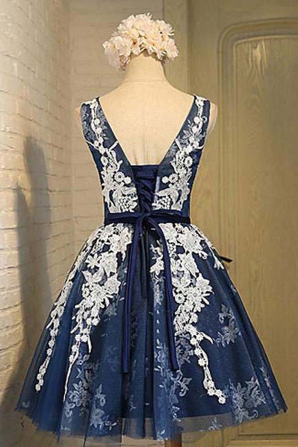 Navy Blue Short Prom Dress, Appliques Graduation Homecoming Dresses OM444