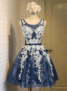 Navy Blue Short Prom Dress, Appliques Graduation Homecoming Dresses OM444