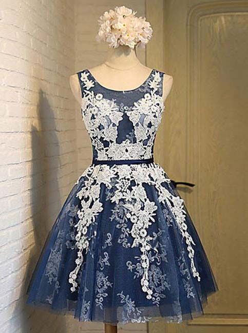 Navy Blue Short Prom Dress, Appliques Graduation Homecoming Dresses OM444