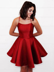 A-line Satin Burgundy Short Prom Dress, Spaghetti Homecoming Dress OM357