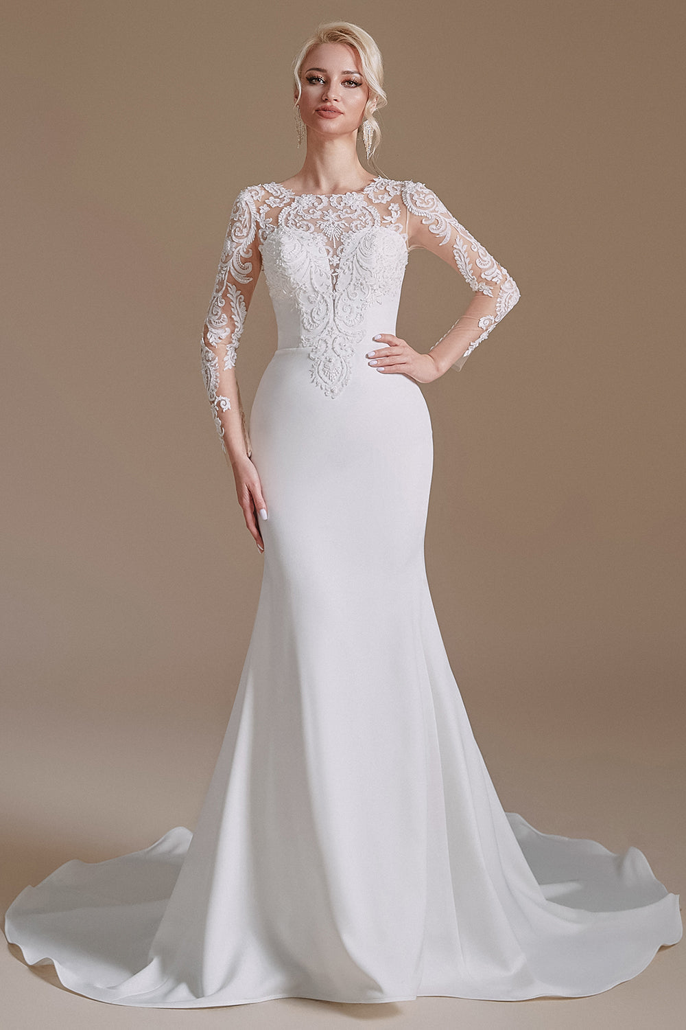 New Arrival Lace Mermaid Long Sleeve Chapel Train Wedding Dress