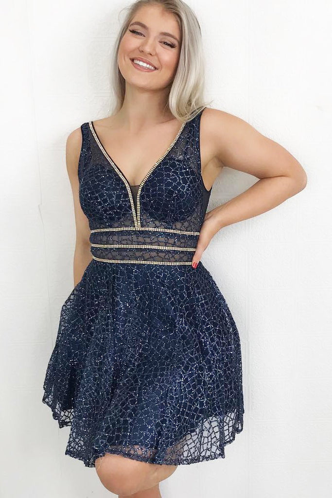 Sparkly Navy Blue Fit and Flare Short Prom Dress Homecoming Dress