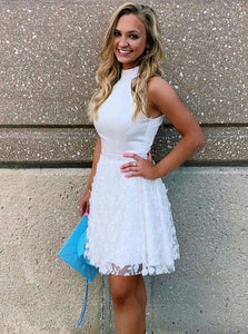 A-line High Neck White Short Homecoming Dress With Beading Applique OM328