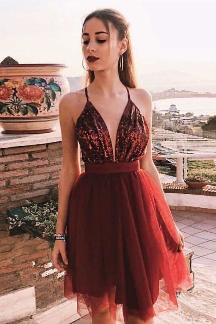 Spaghetti-straps Sequins Homecoming Dress Burgundy Party Dress OM329