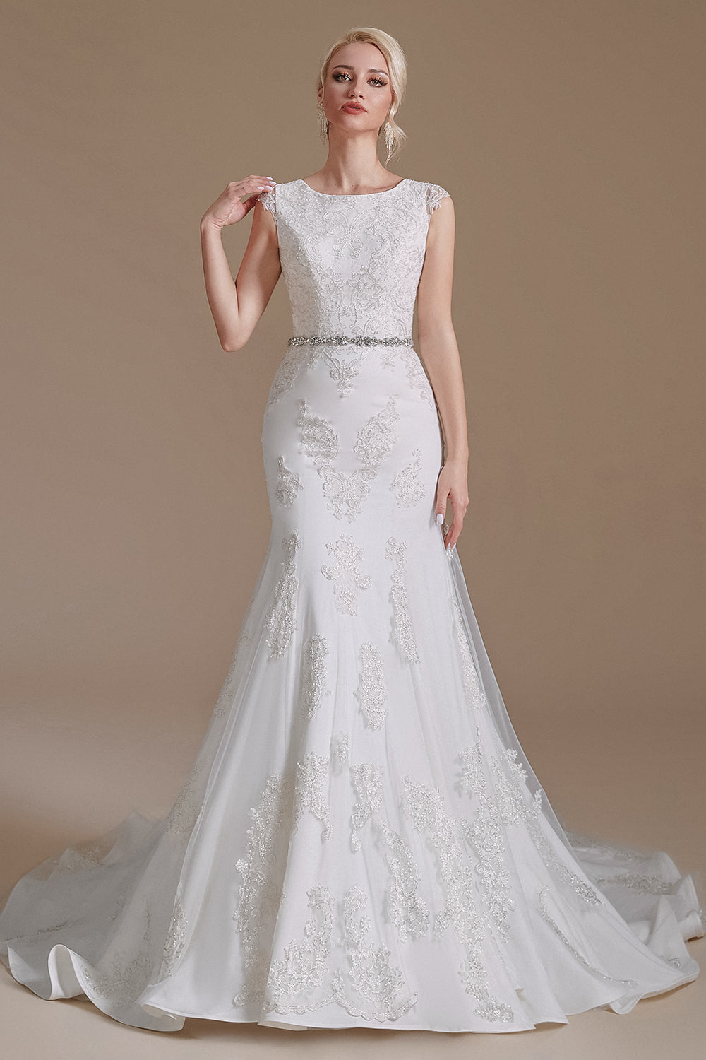 Mermaid Appliques Tulle Chapel Train Wedding Dress With Belt