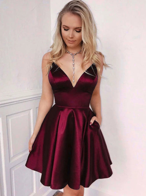 Spaghetti Straps Short Burgundy Satin Homecoming Dress With Pockets OM376