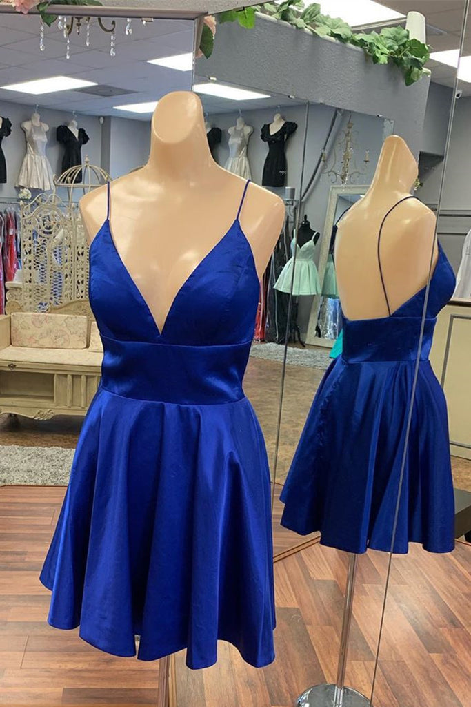 Spaghetti Royal Blue Satin Homecoming Dress Backless Short Prom Dress OM377