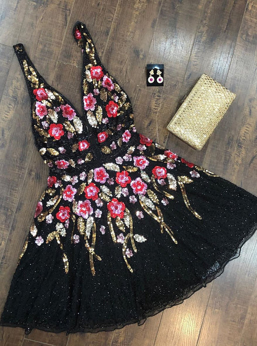 Stunning A-line V-Neck Sequined Floral Black Homecoming Dress OM398