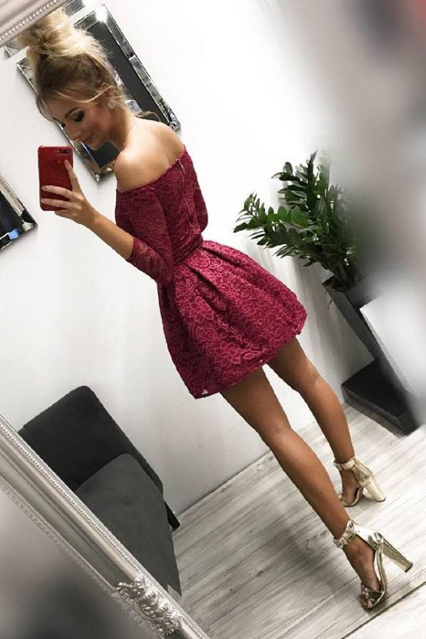 Off-the-Shoulder Long Sleeves Burgundy Lace Homecoming Dress OM184