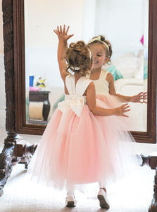 Cute A-line Pink Long Tulle Flower Girl Dress With Bowknot OF130