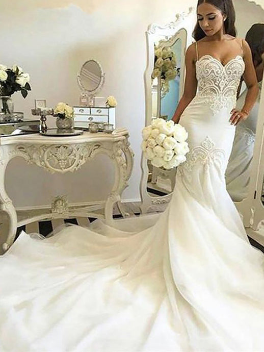 Trumpet/Mermaid Spaghetti Straps Chapel Train Tulle Wedding Dress OW201