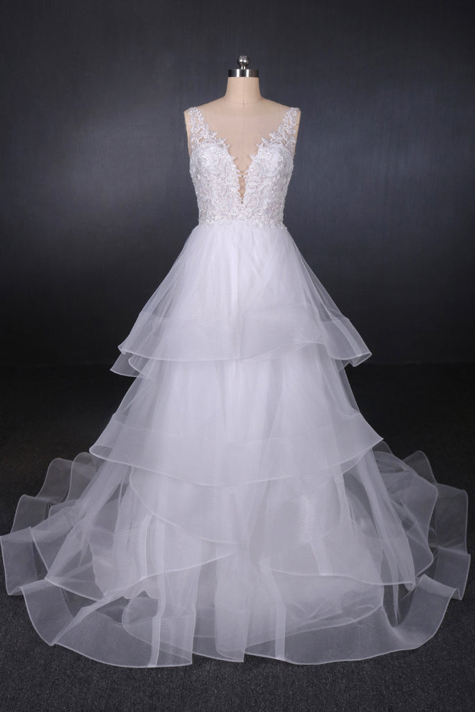 Princess V Neck Tulle Backless Wedding Dresses With Layered OW574