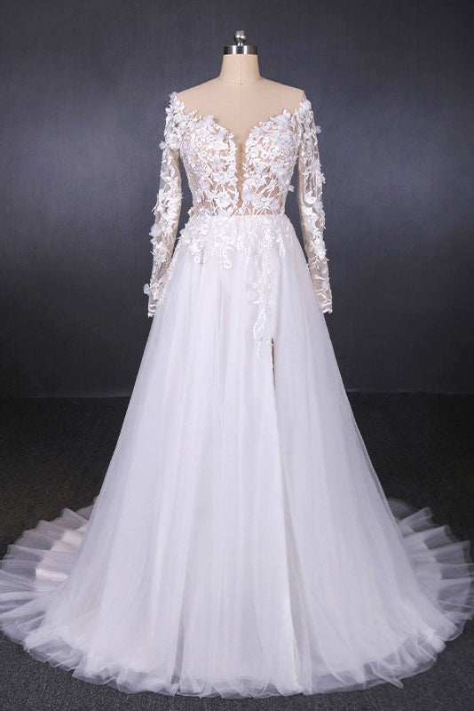 A-line V-neck Long Sleeves Wedding Dress With Lace Appliques