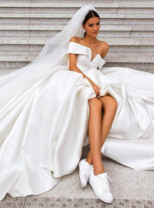 Off Shoulder Satin Simple Wedding Dresses Elegant Long Bridal Dress OW552