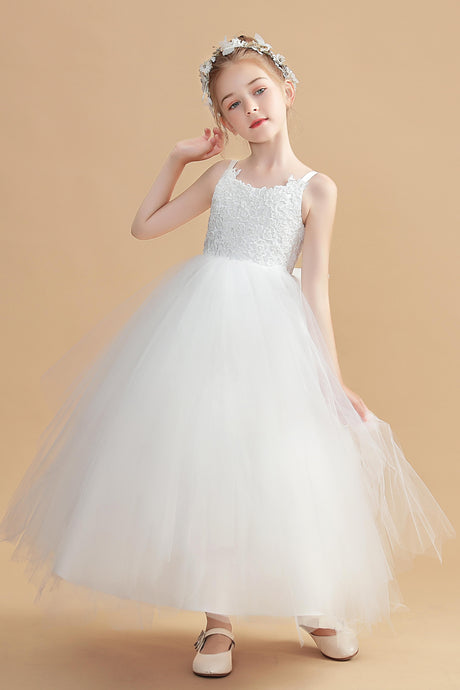 Ivory Straps Flower Girl Dress With Lace Appliques