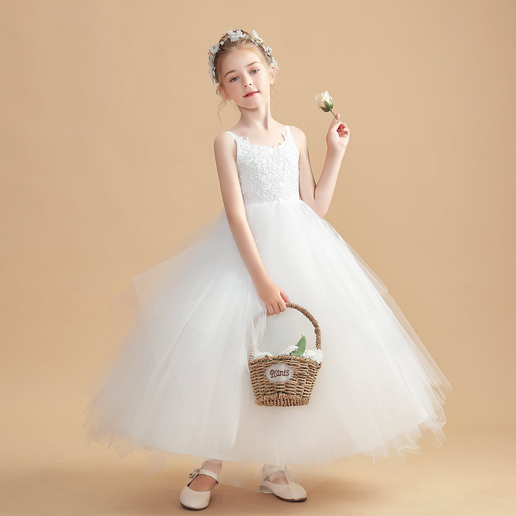 Straps Ivory Flower Girl Dress With Lace Appliques