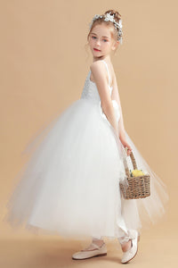 Ivory Straps Flower Girl Dress With Lace Appliques