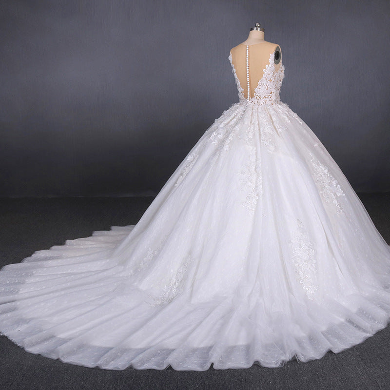 Round Appliques Ball Gown Tulle Wedding Dresses With Button Back OW578