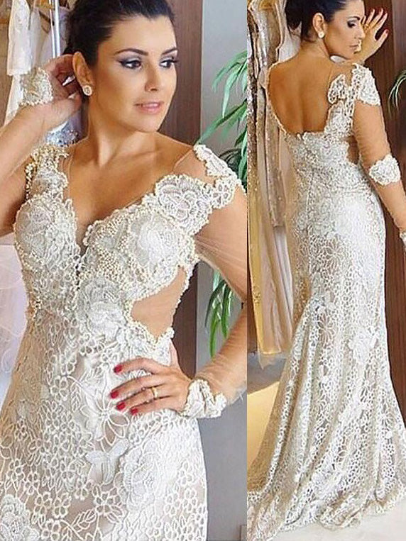 Sheath/Column Lace Long Sleeves V-neck Open Back Wedding Dress OW211