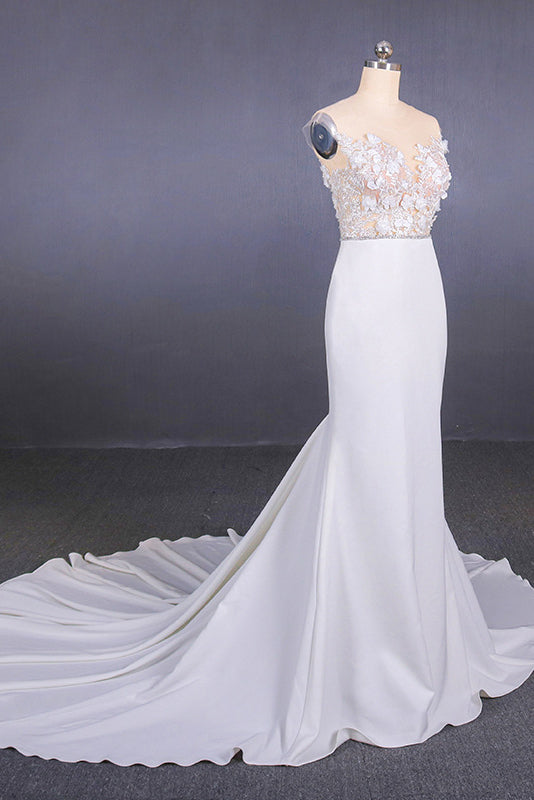 See-Through Neckline Lace Appliques Mermaid Wedding Dresses OW575