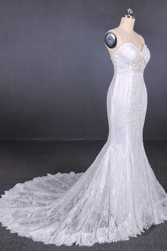 White Mermaid Lace Spaghetti Wedding Dresses With Appliques OW579