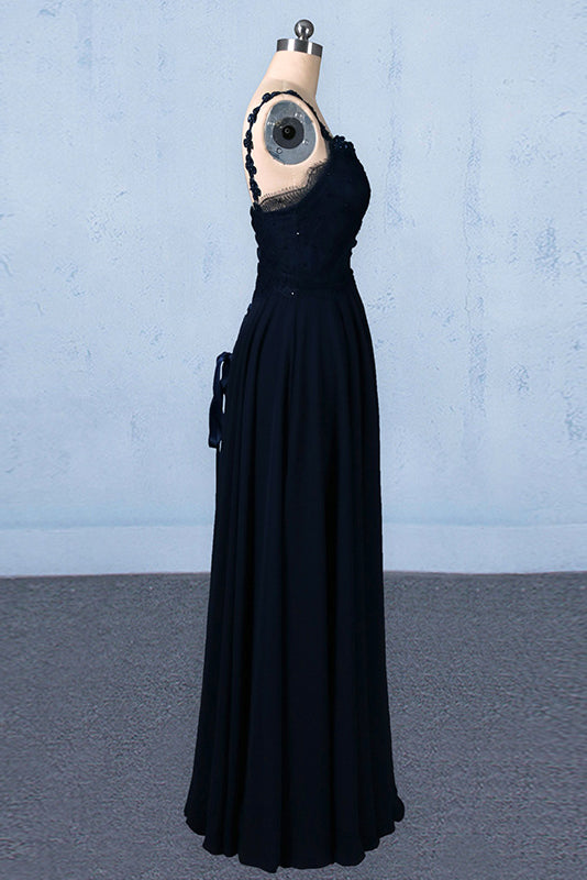 New Flower Straps V-neck Navy Blue Long Prom Evening Dresses PO050