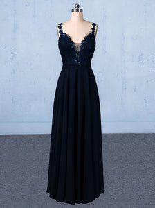 New Flower Straps V-neck Navy Blue Long Prom Evening Dresses PO050