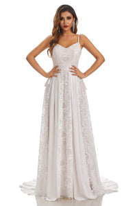 A-Line Spaghetti-Straps Sleeveless Chiffon Wedding Dress With Lace Appliques