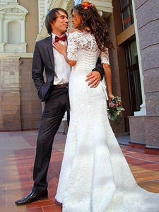 Mermaid 1/2 Sleeves Off-Shoulder Lace Sweep/Brush Train Wedding dress OW113