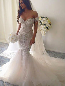 Trumpet/Mermaid Off-Shoulder Tulle Chapel Train Wedding Dress OW224