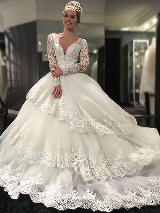 Luxurious Lace Long Sleeves V-neck Tulle Ball Gown Wedding Dress OW226