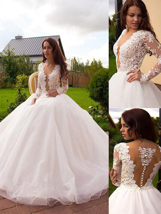 Sexy Long Sleeves V-neck Tulle Ball Gown Wedding Dress OW227